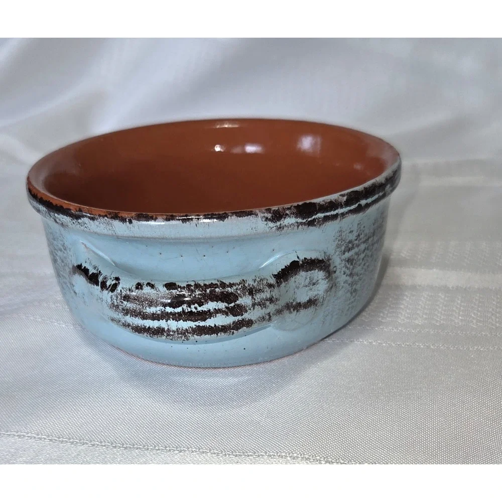 De Silva Terracotta Soup Bowl Blue Orange Handles Italy